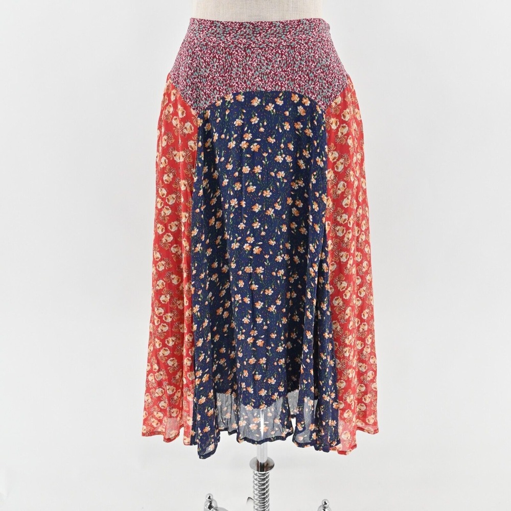 Anthropologie Mixed Floral Midi Skirt in Navy, Red & Pink